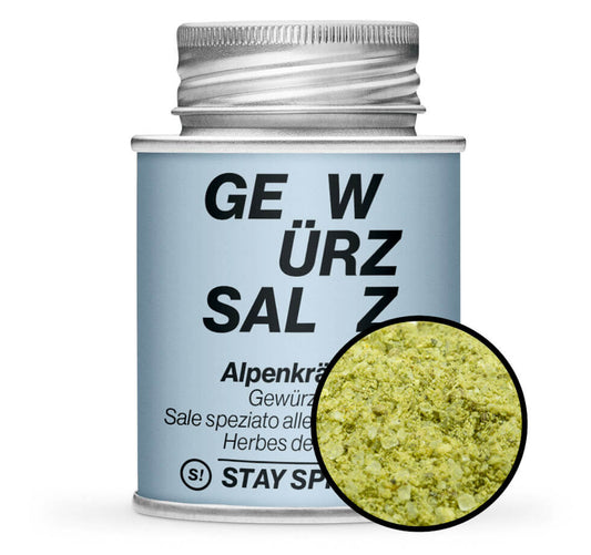 Alpenkräuter Gewürzsalz - Hellblaue Gewürzdose mit kleiner runder Gewürz-Vorschau von STAY SPICED ! bei Chefkoch-Gewürze