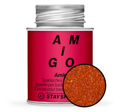 Amigo spanische Gewürzmischung - Rote Gewürzdose mit kleiner runder Gewürz-Vorschau von STAY SPICED ! bei Chefkoch-Gewürze