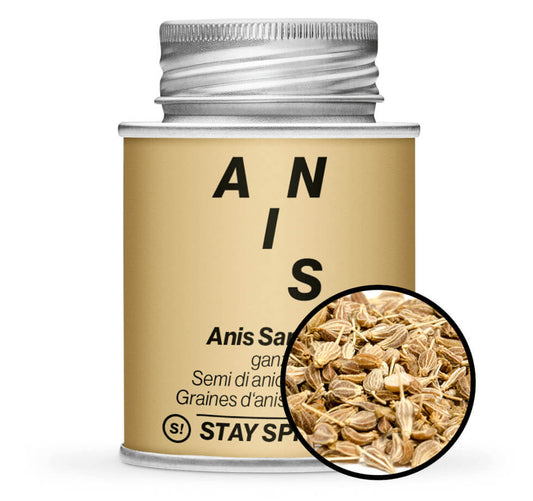 Ockerfarbene Gewürzdose und Detailausschnitt von Anis Samen ganz von STAY SPICED! bei Chefkoch-Gewürze