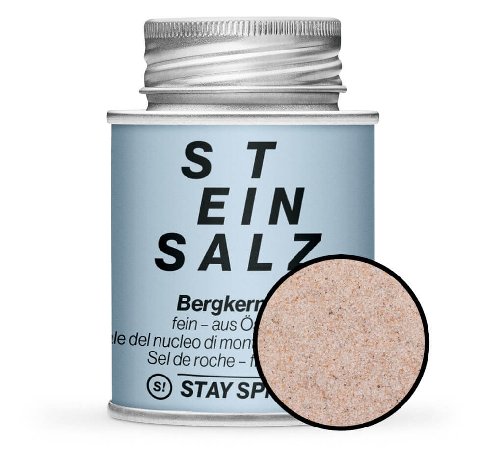 Ausseer Bergkern Salz grau-rosa, fein - Hellblaue Gewürzdose mit kleiner runder Gewürz-Vorschau von STAY SPICED! bei Chefkoch-Gewürze