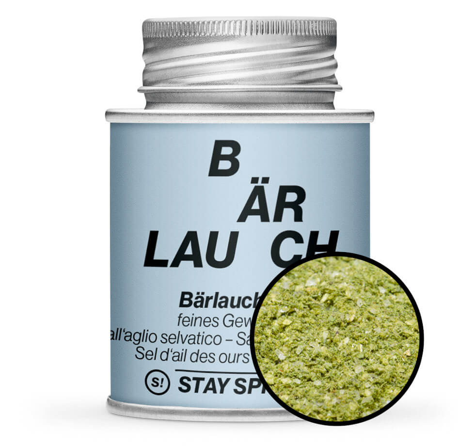 Bärlauchsalz - Hellblaue Gewürzdose mit kleiner runder Gewürz-Vorschau von STAY SPICED ! bei Chefkoch-Gewürze