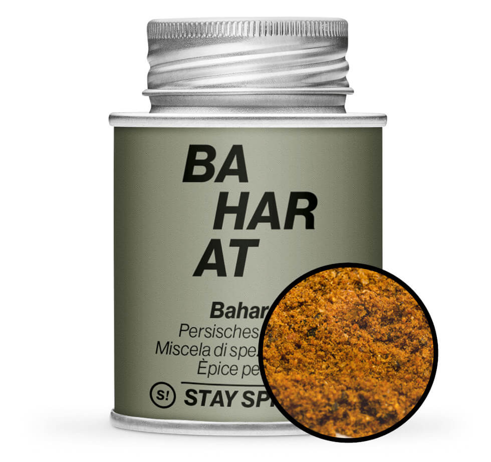 Baharat persische Gewürzmischung - Graue Gewürzdose mit kleiner runder Gewürz-Vorschau von STAY SPICED! bei Chefkoch-Gewürze