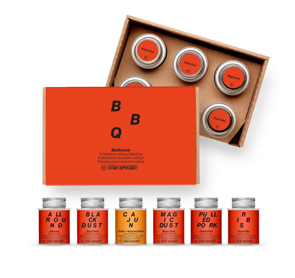 Hochwertige Barbecue Geschenkbox von STAY SPICED ! mit sechs BBQ-Rubs für authentisches Outdoor Cooking