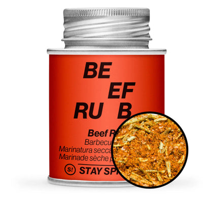 Beef Barbecue Rub - Rote Gewürzdose mit kleiner runder Gewürz-Vorschau von STAY SPICED ! bei Chefkoch-Gewürze