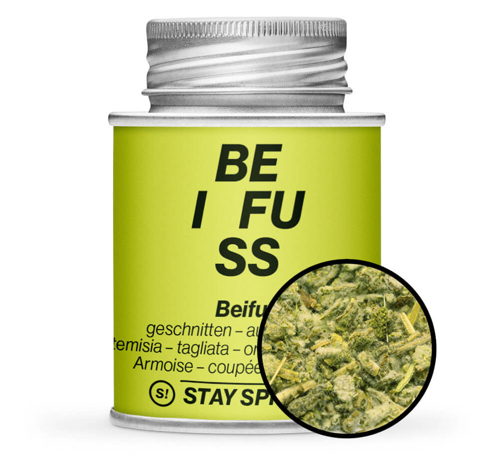 Hellgrüne Gewürzdose und Detailausschnitt mit Beifuss geschnitten - original Thüringer von STAY SPICED! bei Chefkoch-Gewürze