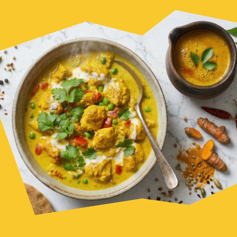 Goldgelbes Curry-Gericht in einer Schale – Authentische Curry-Gewürzmischungen ohne Zusätze für Deine Küche.