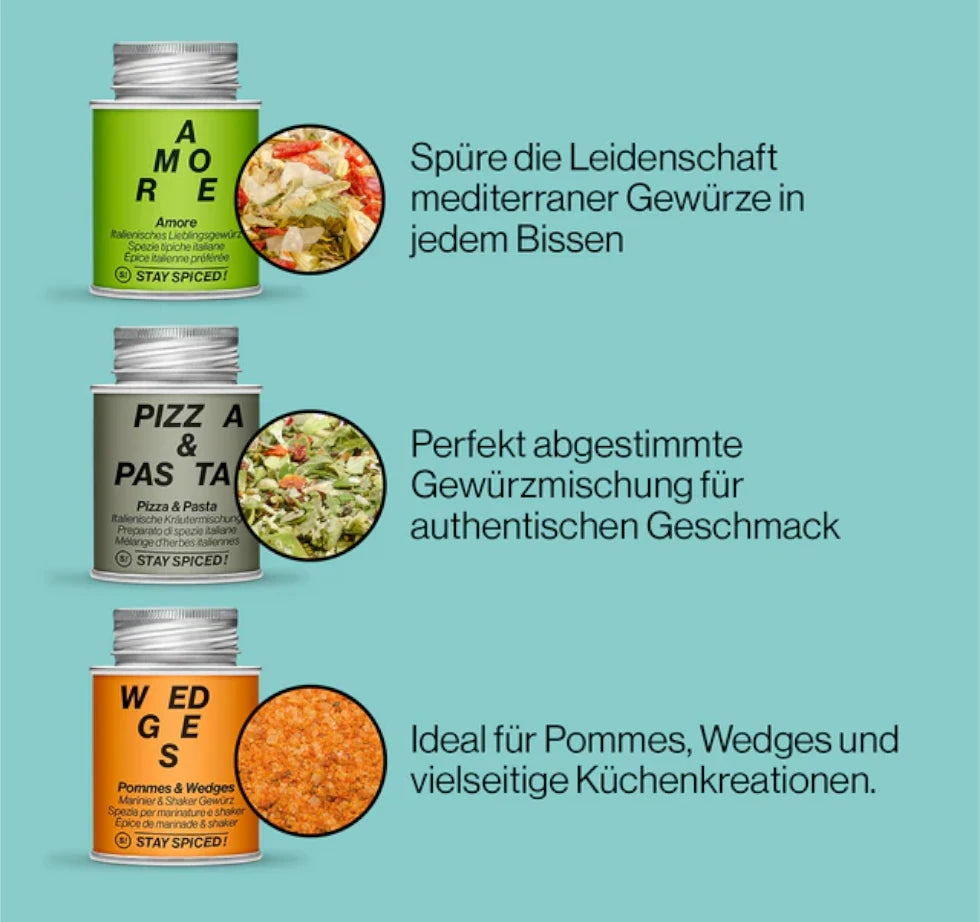 Die STAY SPICED ! Gewürzdosen Amore, Pizza & Pasta sowie Pommes & Wedges aus dem exklusiven Bestseller Vorteilsset
