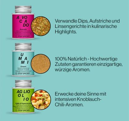 Die STAY SPICED ! Gewürzdosen Avocado, Umami und Aglio Olio Peperoncino im detaillierten Überblick