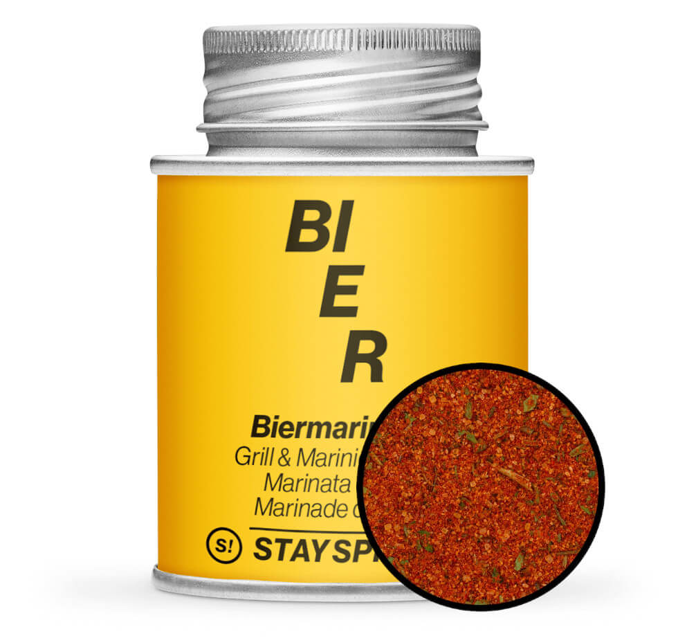 Biermarinade - Gelbe Gewürzdose mit kleiner runder Gewürz-Vorschau von STAY SPICED ! bei Chefkoch-Gewürze