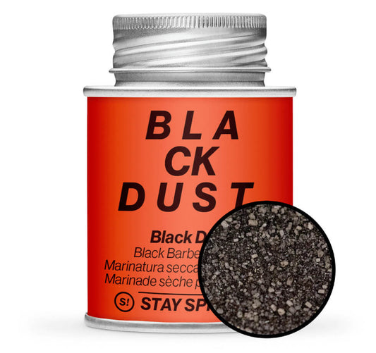 Black Dust BBQ Rub - Orange Gewürzdose mit kleiner runder Gewürz-Vorschau von STAY SPICED ! bei Chefkoch-Gewürze