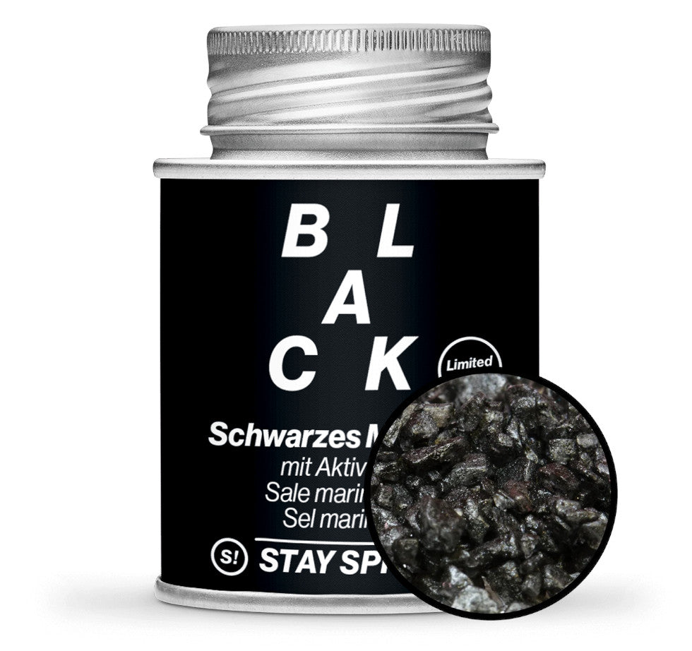 Black Friday schwarzes Meersalz - Schwarze Gewürzdose mit kleiner runder Gewürz-Vorschau von STAY SPICED ! bei Chefkoch-Gewürze