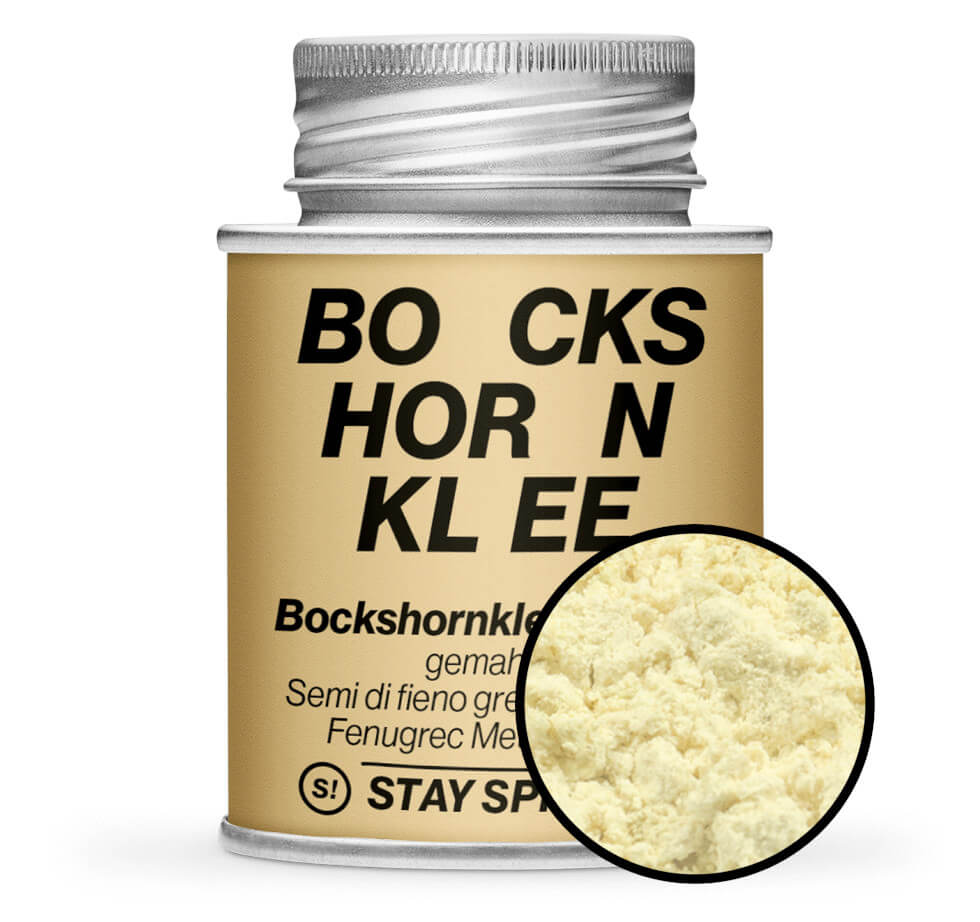 Hellbraune Gewürzdose und Detailansicht von Bockshornkleesamen gemahlen von STAY SPICED! bei Chefkoch-Gewürze