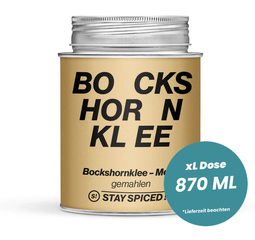 Grosse hellbraune XL-Dose mit Bockshornkleesamen gemahlen von STAY SPICED! bei Chefkoch-Gewürze