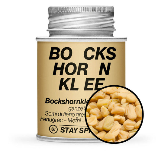 Hellbraune Gewürzdose und Detailansicht von Bockshornkleesamen - Saat ganz von STAY SPICED! bei Chefkoch-Gewürze
