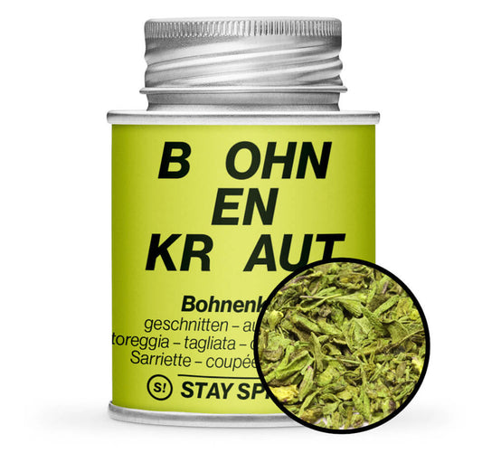 Hellgrüne Gewürzdose und Detailansicht von Bohnenkraut geschnitten - original Thüringer von STAY SPICED! bei Chefkoch-Gewürze