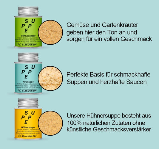 Die STAY SPICED ! Gewürzdosen für Gemüsesuppe, Rindssuppe und Hühnersuppe aus dem Vorteilsset im detaillierten Überblick
