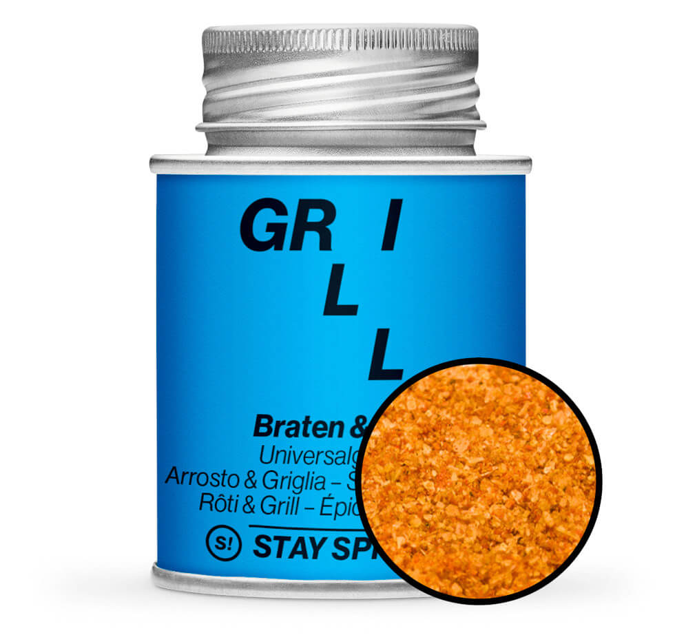 Braten & Grillgewürz Universal - Blaue Gewürzdose mit kleiner runder Gewürz-Vorschau von STAY SPICED ! bei Chefkoch-Gewürze