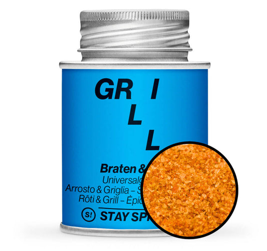 Braten & Grillgewürz Universal - Blaue Gewürzdose mit kleiner runder Gewürz-Vorschau von STAY SPICED ! bei Chefkoch-Gewürze