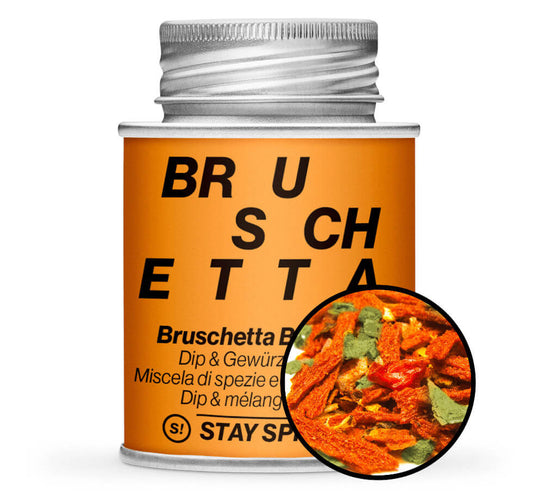 Bruschetta Barbecue Dip & Gewürzmischung - Orange Gewürzdose mit kleiner runder Gewürz-Vorschau von STAY SPICED ! bei Chefkoch-Gewürze