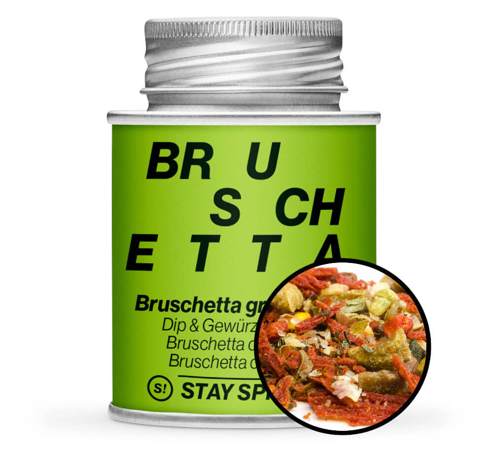 Bruschetta grüne Olive - Hellgrüne Gewürzdose mit kleiner runder Gewürz-Vorschau von STAY SPICED! bei Chefkoch-Gewürze