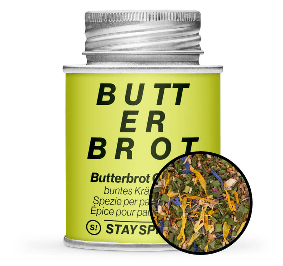 Butterbrot Gewürz - Hellgrüne Gewürzdose mit kleiner runder Gewürz-Vorschau von STAY SPICED! bei Chefkoch-Gewürze