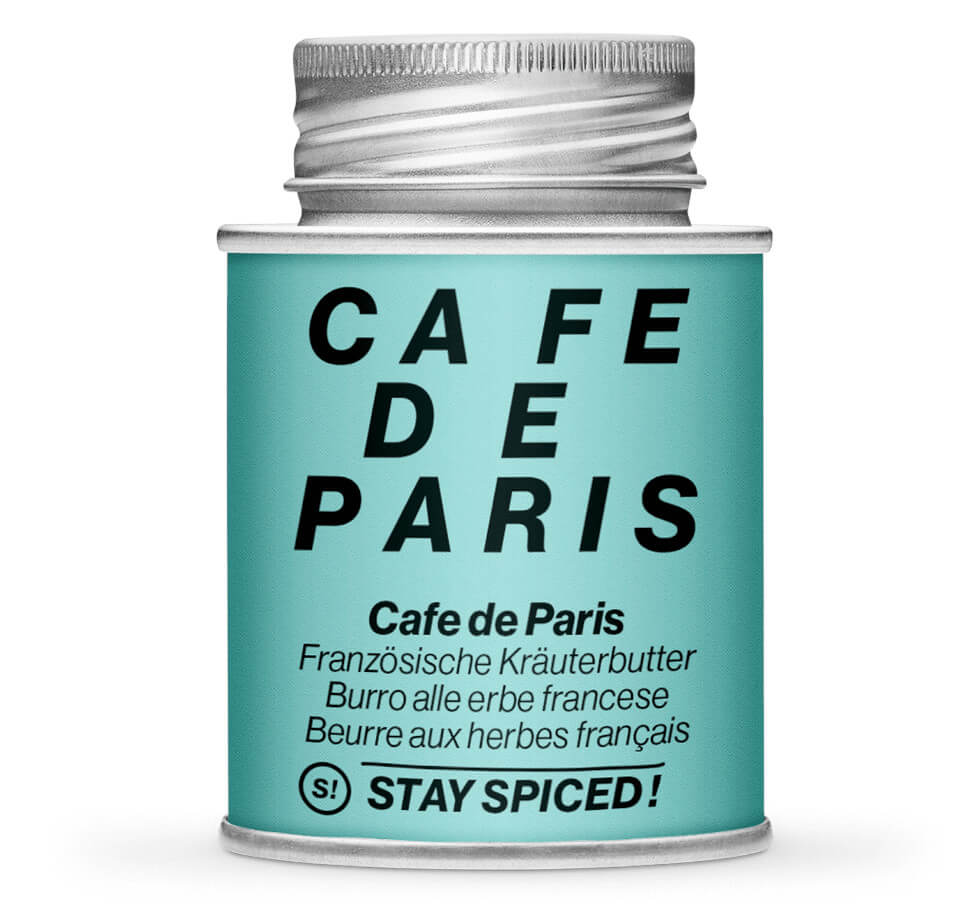 Cafe de Paris Kräuterbutter - Geschlossene hellblaue Gewürzdose von STAY SPICED!.