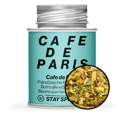 Cafe de Paris Kräuterbutter - Hellblaue Gewürzdose mit kleiner runder Gewürz-Vorschau von STAY SPICED! bei Chefkoch-Gewürze