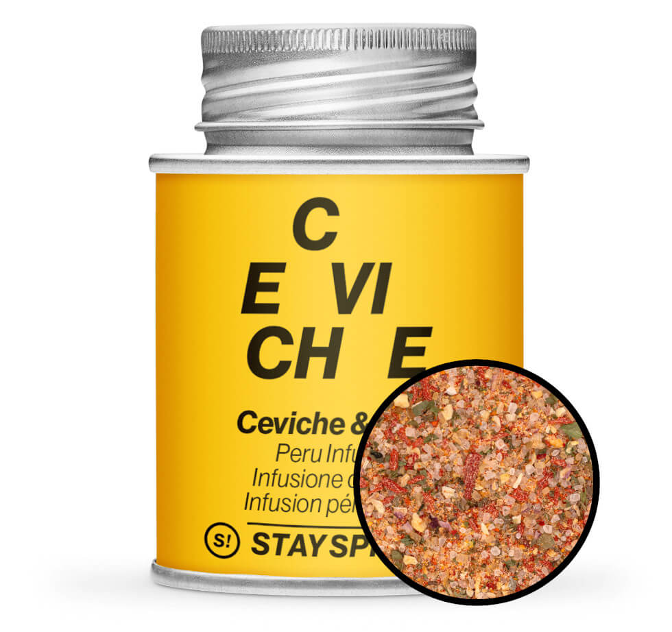 Ceviche & Poké, Peru Infusion - Gelbe Gewürzdose mit kleiner runder Gewürz-Vorschau von STAY SPICED! bei Chefkoch-Gewürze