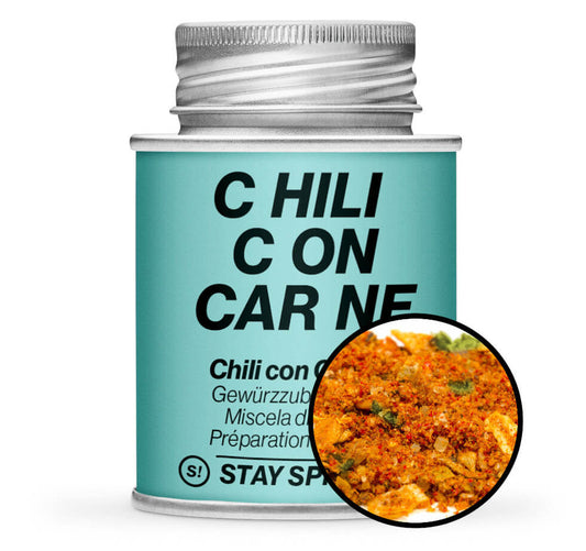 Chili con Carne Gewürzzubereitung - Hellblaue Gewürzdose mit kleiner runder Gewürz-Vorschau von STAY SPICED ! bei Chefkoch-Gewürze