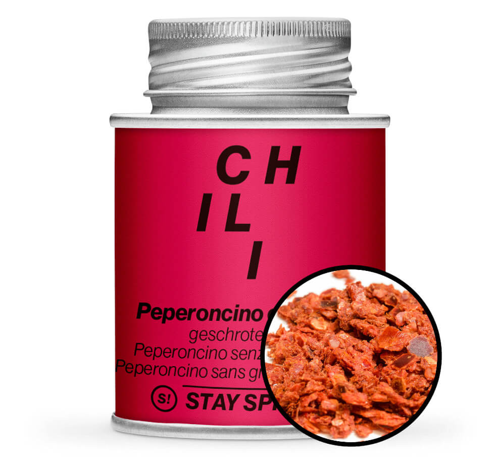Chili & Peperoncino mild ohne Saat - Rote Gewürzdose mit kleiner runder Gewürz-Vorschau von STAY SPICED! bei Chefkoch-Gewürze