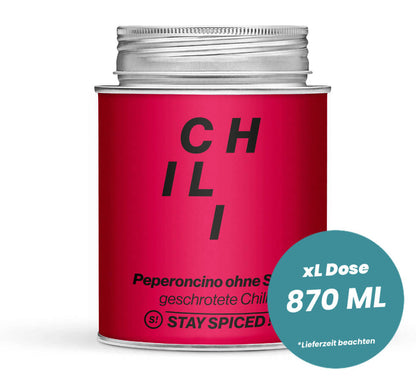 Chili & Peperoncino mild ohne Saat in der grossen XL-Dose (870ml) von STAY SPICED!