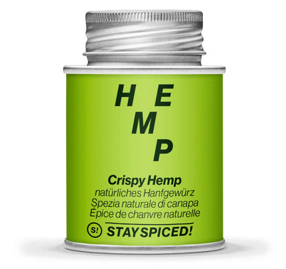 Crispy Hemp, natürliches Hanfgewürz - Geschlossene hellgrüne Gewürzdose von STAY SPICED!