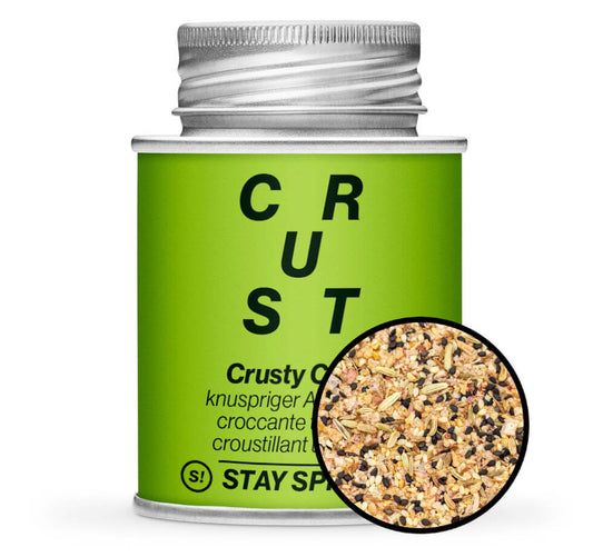 Crusty Crust Allrounder - Hellgrüne Gewürzdose mit kleiner runder Gewürz-Vorschau von STAY SPICED ! bei Chefkoch-Gewürze