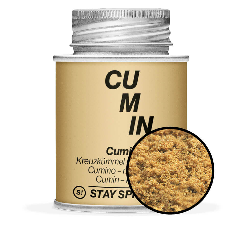 Hellbraune Gewürzdose und Detailansicht von Cumin - Kreuzkümmel - gemahlen von STAY SPICED! bei Chefkoch-Gewürze