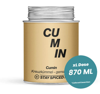 Grosse ockerfarbene XL-Dose mit Cumin - Kreuzkümmel - gemahlen von STAY SPICED! bei Chefkoch-Gewürze