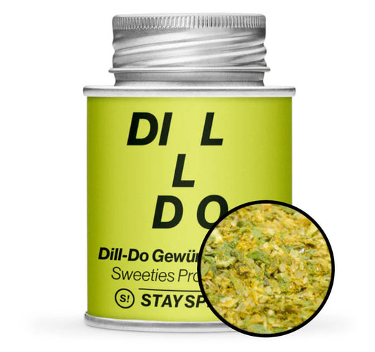 Dill-Do Gewürzmischung - Hellgrüne Gewürzdose mit kleiner runder Gewürz-Vorschau von STAY SPICED! bei Chefkoch-Gewürze