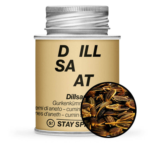 Hellbraune Gewürzdose und Detailansicht von Dillsaat - Gurkenkümmel von STAY SPICED! bei Chefkoch-Gewürze