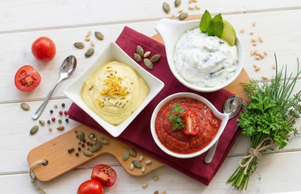 Drei verschiedene frische Dip Saucen wie Zaziki, Salsa und cremiger Aufstrich in weissen Schälchen mit frischen Kräutern online kaufen bei chefkoch-gewürze Schweiz