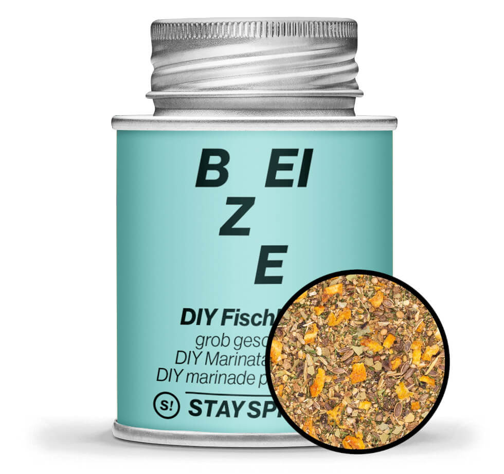 DIY Fischbeize grob geschrotet - Hellblaue Gewürzdose mit kleiner runder Gewürz-Vorschau von STAY SPICED! bei Chefkoch-Gewürze