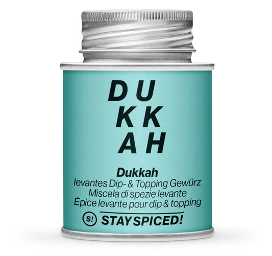 Dukkah - orientalische Gewürzmischung - Geschlossene hellblaue Gewürzdose von STAY SPICED
