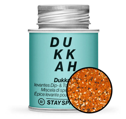 Dukkah - orientalische Gewürzmischung - Hellblaue Gewürzdose mit kleiner runder Gewürz-Vorschau von STAY SPICED ! bei Chefkoch-Gewürze