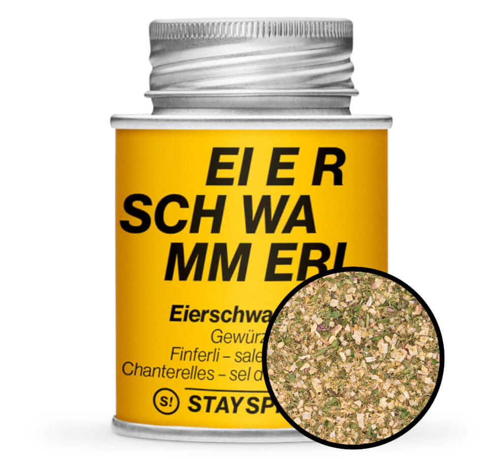 Eierschwammerl Gewürzsalz - Gelbe Gewürzdose mit kleiner runder Gewürz-Vorschau von STAY SPICED! bei Chefkoch-Gewürze
