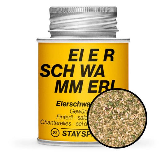 Eierschwammerl Gewürzsalz - Gelbe Gewürzdose mit kleiner runder Gewürz-Vorschau von STAY SPICED! bei Chefkoch-Gewürze