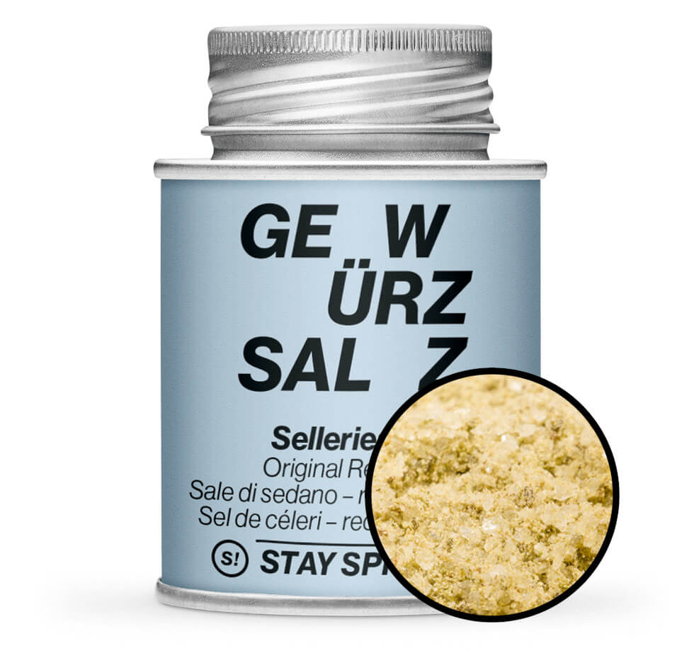 Selleriesalz - Hellblaue Gewürzdose mit kleiner runder Gewürz-Vorschau von STAY SPICED ! bei Chefkoch-Gewürze