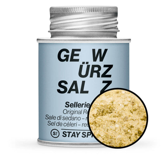 Selleriesalz - Hellblaue Gewürzdose mit kleiner runder Gewürz-Vorschau von STAY SPICED ! bei Chefkoch-Gewürze