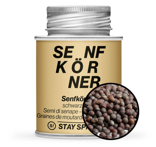Senfkörner schwarzbraun ganz - hellbraune Gewürzdose mit Gewürz-Vorschau von STAY SPICED! bei Chefkoch-Gewürze