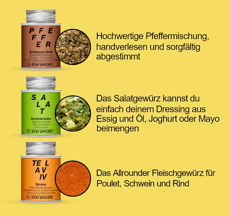 Die STAY SPICED ! Gewürzdosen Schwarzer Pfeffer, Gartenkräuter Salat und Tel Aviv aus dem Erste Wohnung Vorteilsset im Detail