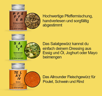 Die STAY SPICED ! Gewürzdosen Schwarzer Pfeffer, Gartenkräuter Salat und Tel Aviv aus dem Erste Wohnung Vorteilsset im Detail