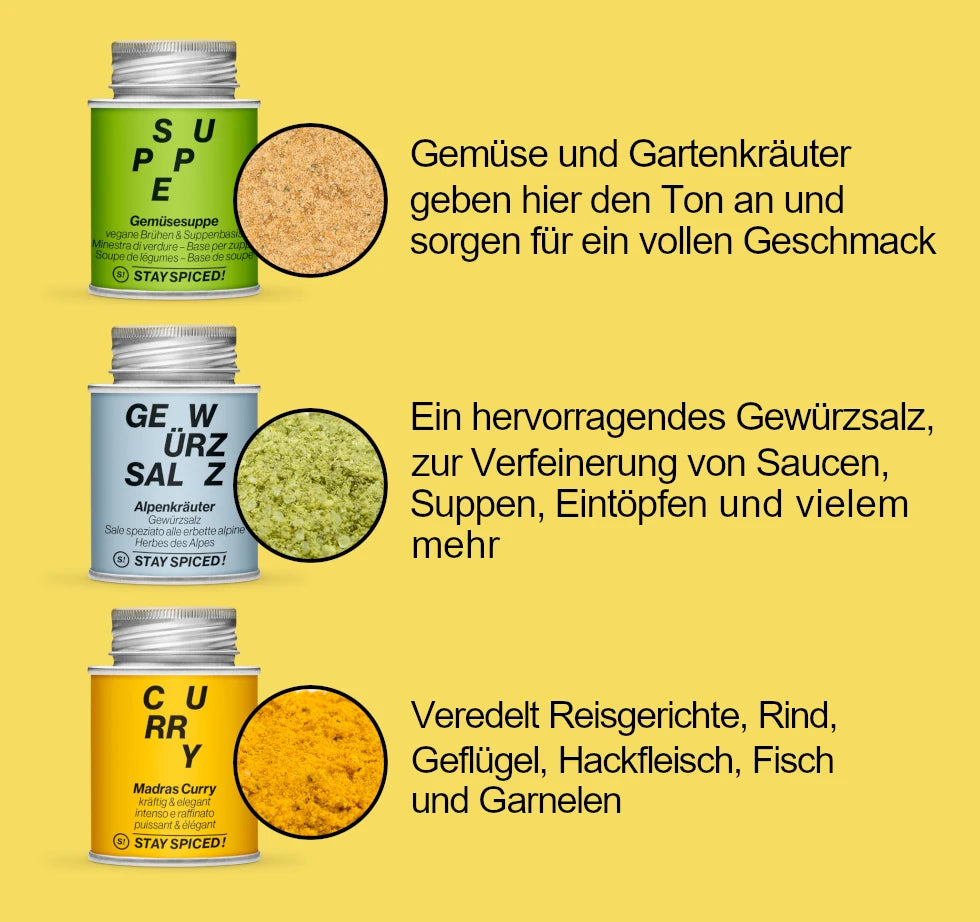 Die STAY SPICED ! Gewürzdosen Gemüsesuppe, Alpenkräuter Gewürzsalz und Madras Curry aus dem exklusiven Küchen-Set im Überblick