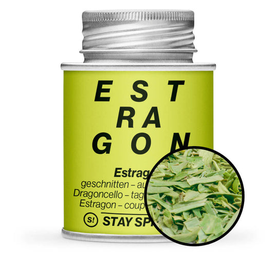 Hellgrüne Gewürzdose und Detailansicht von Estragon geschnitten - französisch von STAY SPICED! bei Chefkoch-Gewürze